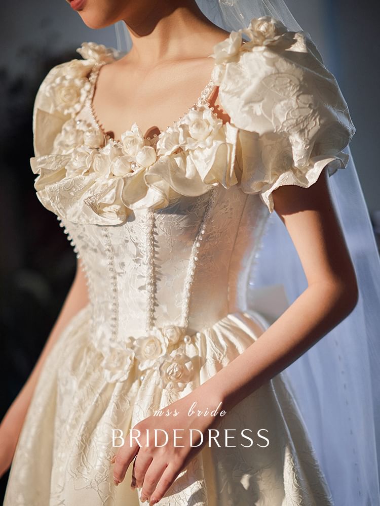 Sleeve Gown A-Line Jacquard Scoop Ruffle Wedding Neck Puff