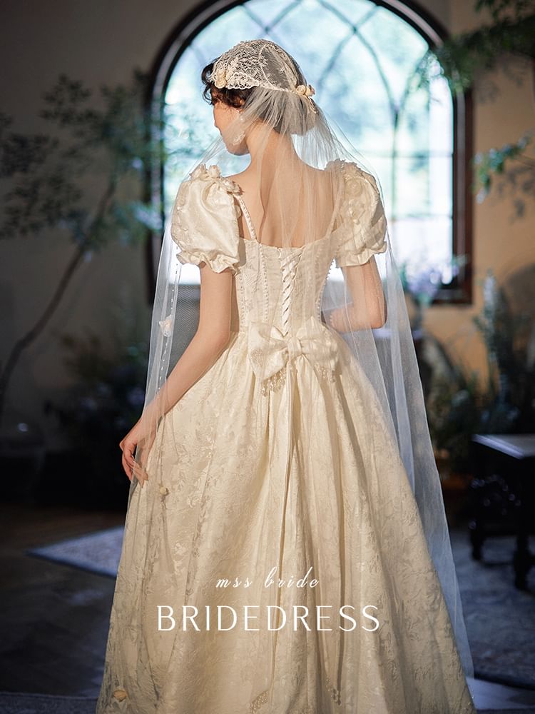 Sleeve Gown A-Line Jacquard Scoop Ruffle Wedding Neck Puff