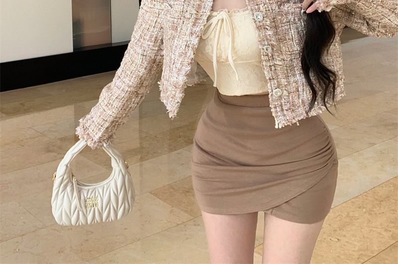 Jacket Button Round Neck Tweed Cropped