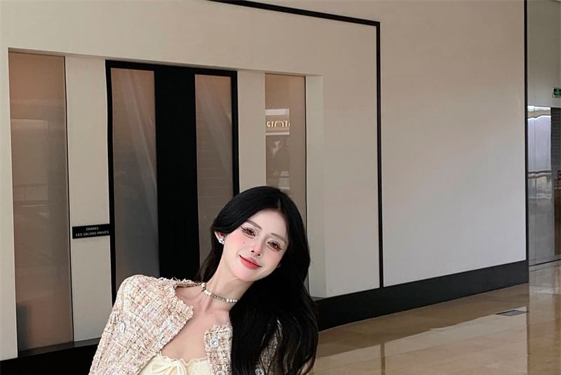 Jacket Button Round Neck Tweed Cropped