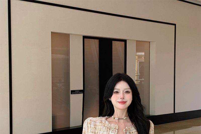 Jacket Button Round Neck Tweed Cropped