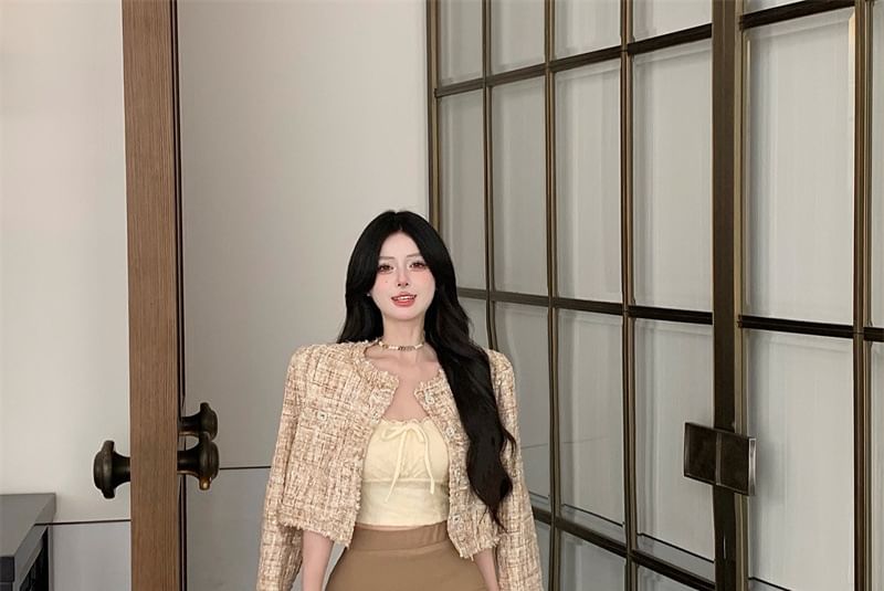 Jacket Button Round Neck Tweed Cropped