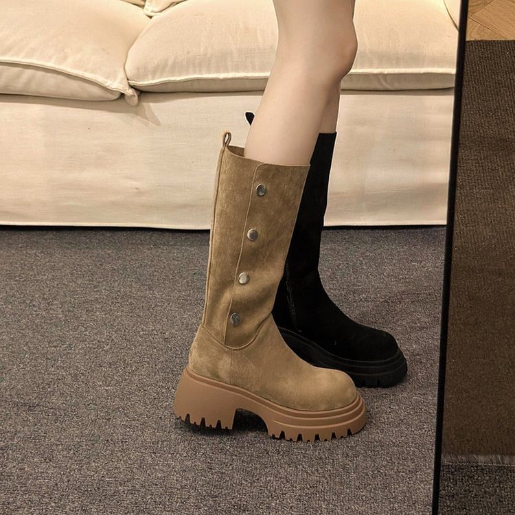 Calf Faux Suede Mid Platform Button Boots