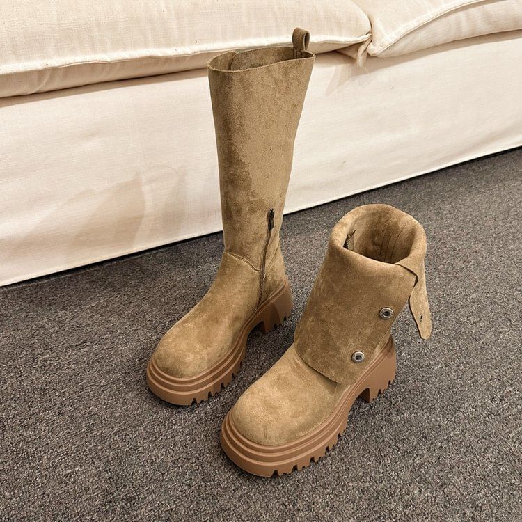 Calf Faux Suede Mid Platform Button Boots