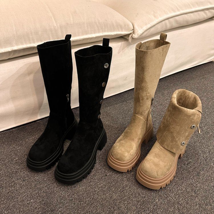 Calf Faux Suede Mid Platform Button Boots