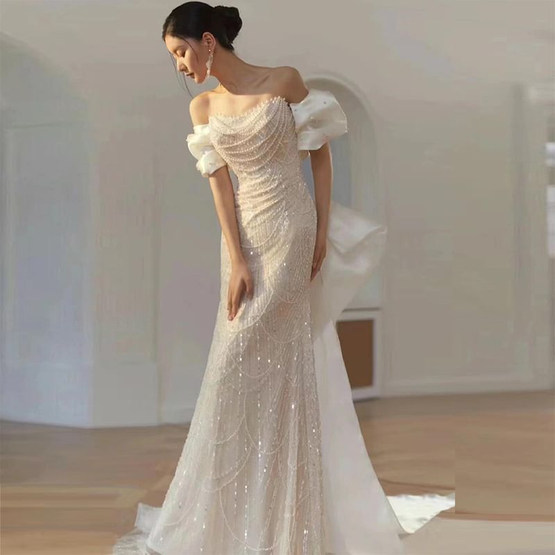 Bowknot Off Gown Pearl Shoulder Evening Faux Sheath