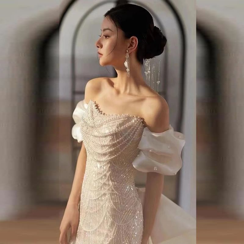 Bowknot Off Gown Pearl Shoulder Evening Faux Sheath