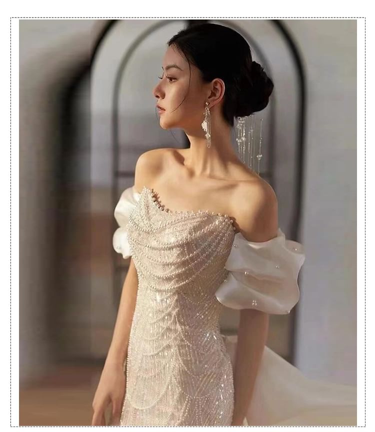 Bowknot Off Gown Pearl Shoulder Evening Faux Sheath