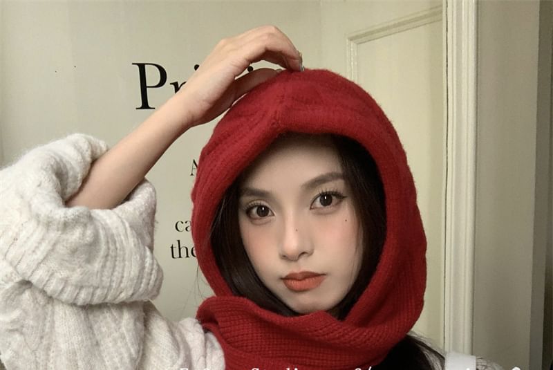 Hooded Knit Plain Cable Scarf