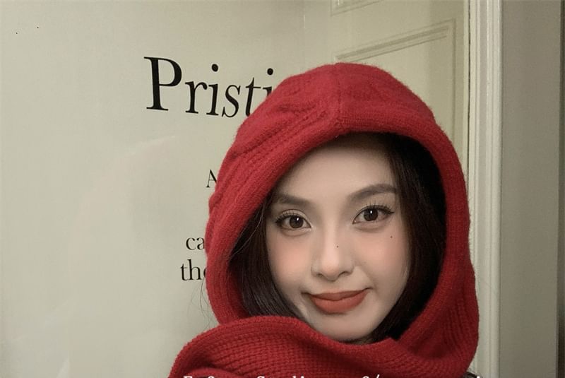 Hooded Knit Plain Cable Scarf