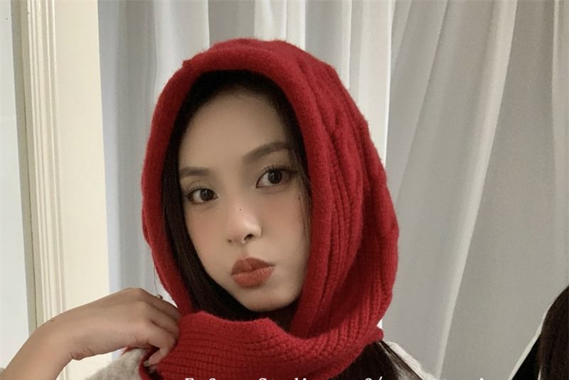 Hooded Knit Plain Cable Scarf