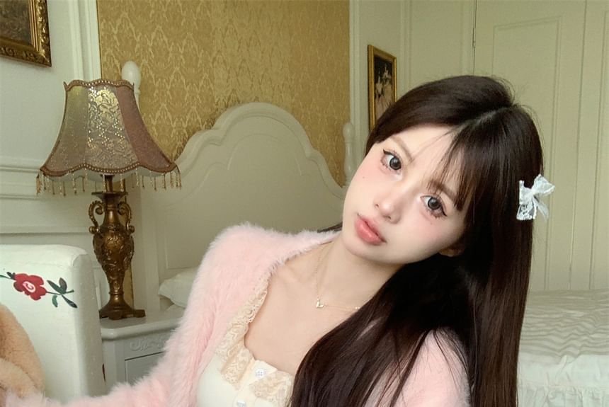 Mini Lace Ruffle Cami Plain Top High A-Line Open Fluffy Trim Skirt / Front Cardigan Waist