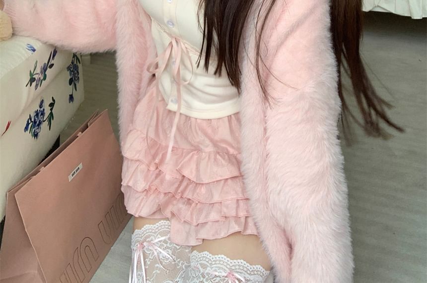 Mini Lace Ruffle Cami Plain Top High A-Line Open Fluffy Trim Skirt / Front Cardigan Waist