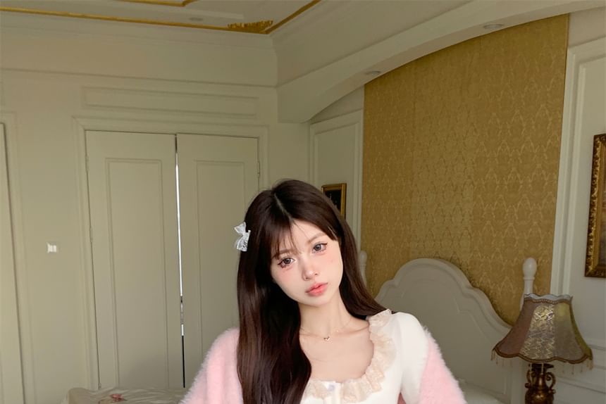 Mini Lace Ruffle Cami Plain Top High A-Line Open Fluffy Trim Skirt / Front Cardigan Waist