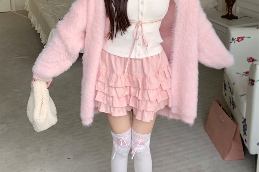 Mini Lace Ruffle Cami Plain Top High A-Line Open Fluffy Trim Skirt / Front Cardigan Waist