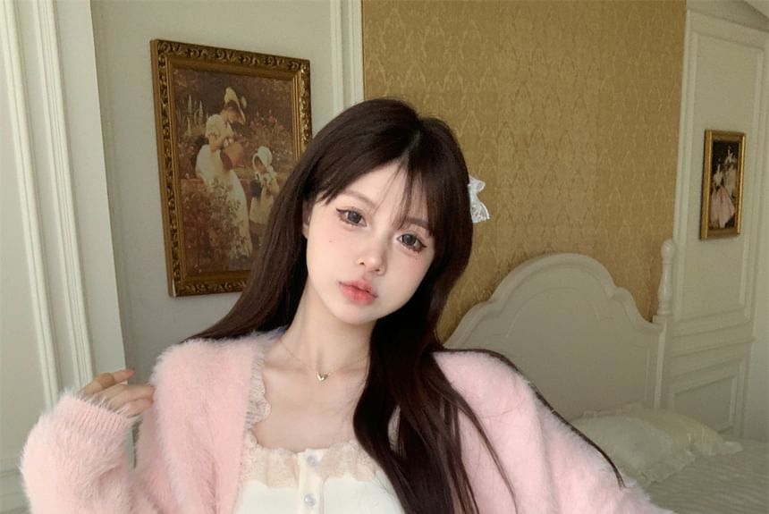 Mini Lace Ruffle Cami Plain Top High A-Line Open Fluffy Trim Skirt / Front Cardigan Waist