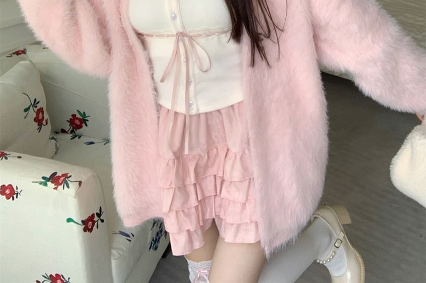 Mini Lace Ruffle Cami Plain Top High A-Line Open Fluffy Trim Skirt / Front Cardigan Waist