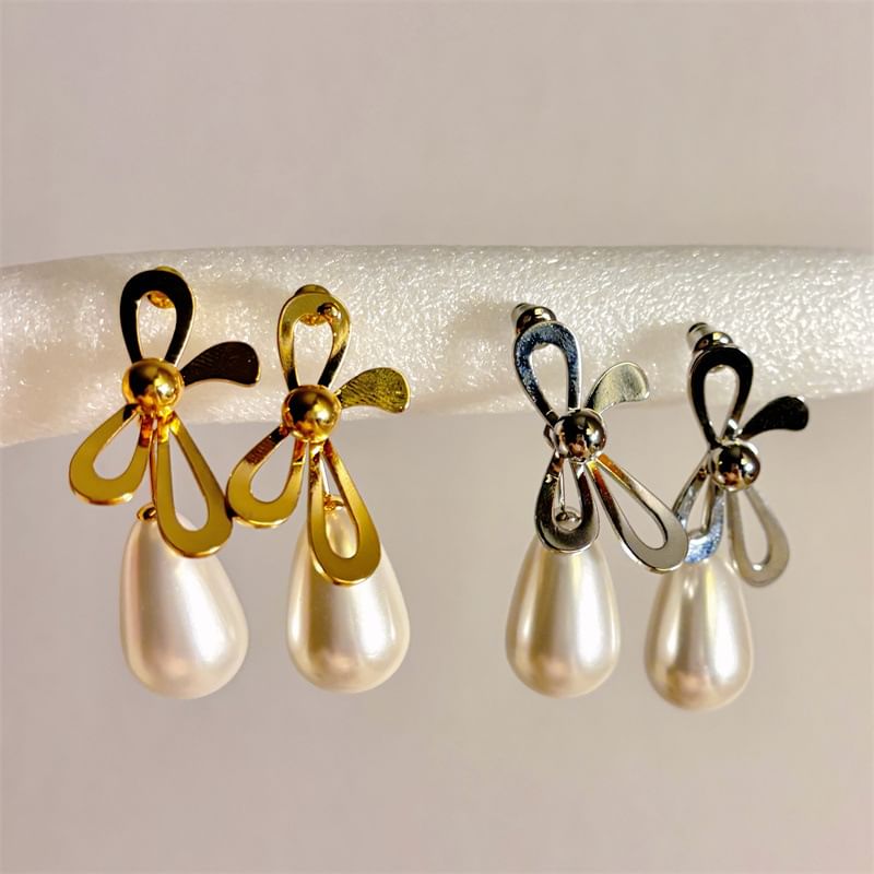 Pearl Earring Drop Bow Faux