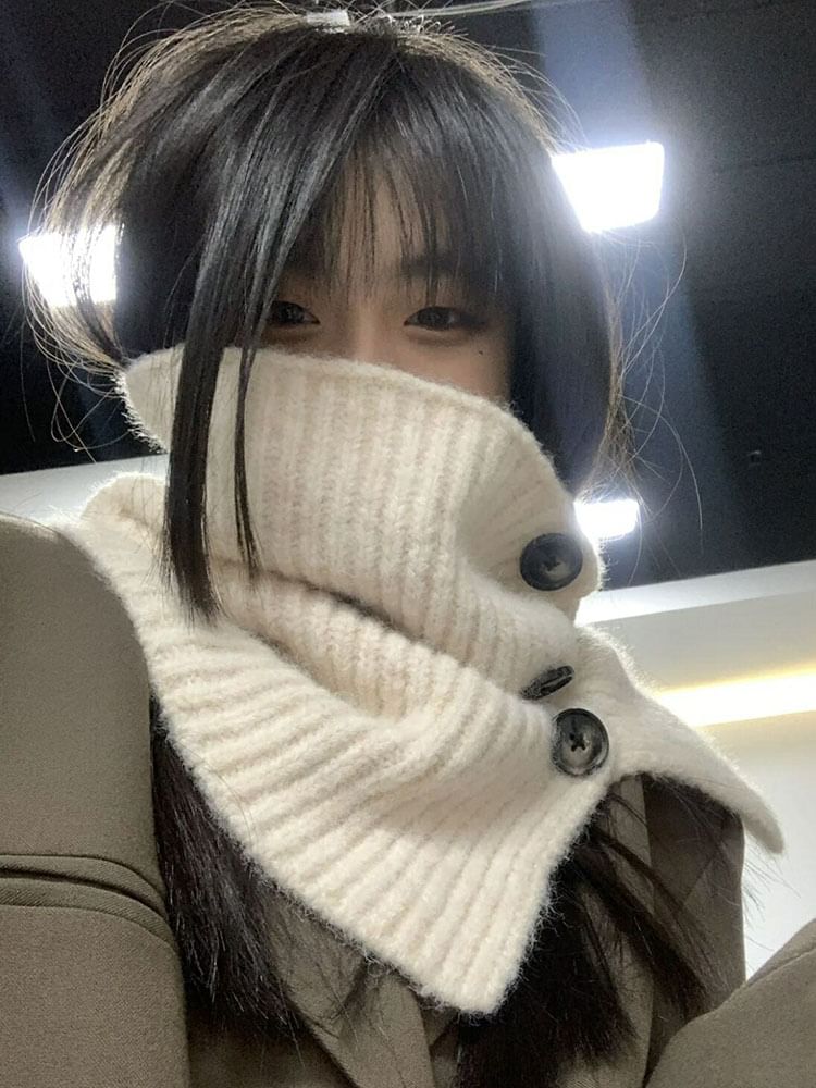 Knit Plain Button Snood / Plaid Ribbed Scarf