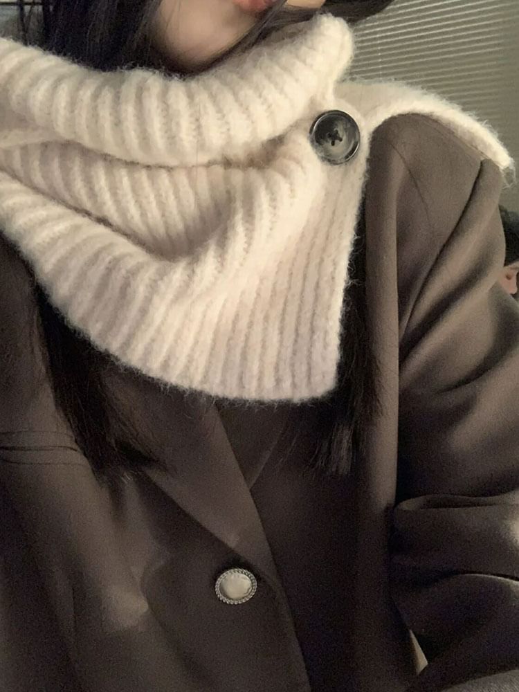 Knit Plain Button Snood / Plaid Ribbed Scarf