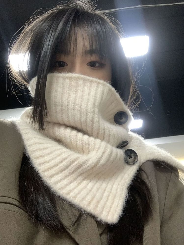 Knit Plain Button Snood / Plaid Ribbed Scarf