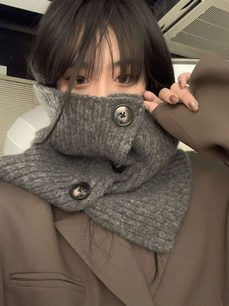 Knit Plain Button Snood / Plaid Ribbed Scarf