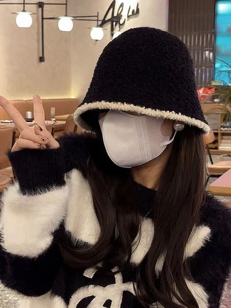 Knit Hat Trim Plain Bucket Ear Contrast /