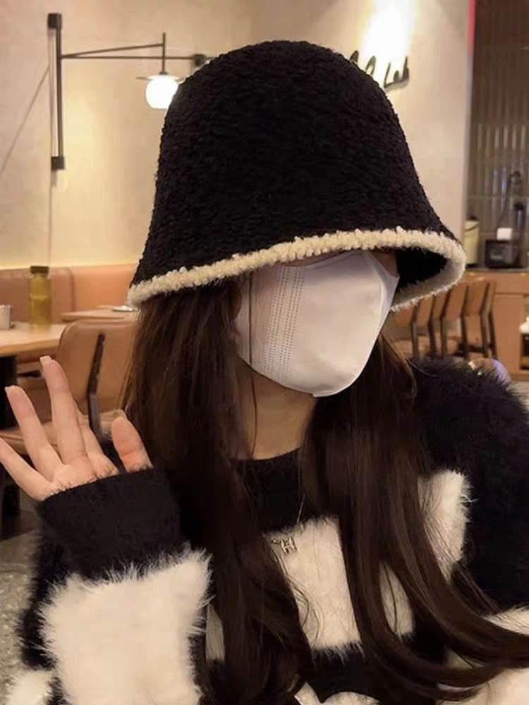 Knit Hat Trim Plain Bucket Ear Contrast /
