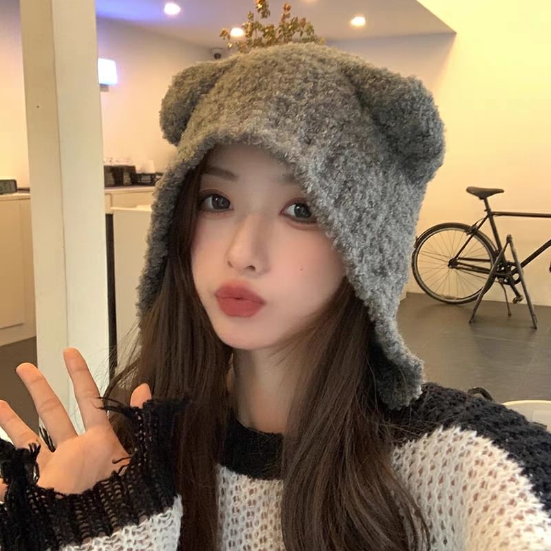 Knit Hat Trim Plain Bucket Ear Contrast /