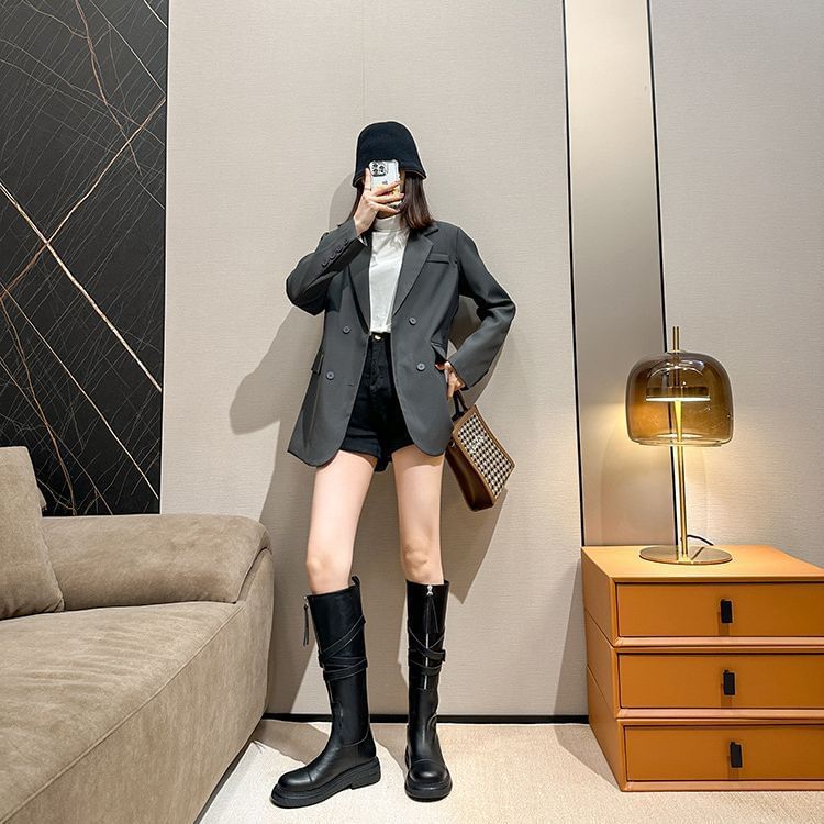 Tall Buckled Zip-Up Leather Plain Platform Faux Boots