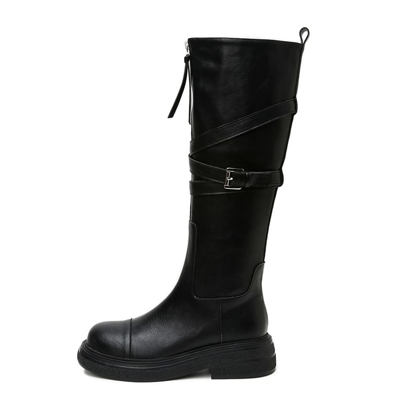 Tall Buckled Zip-Up Leather Plain Platform Faux Boots