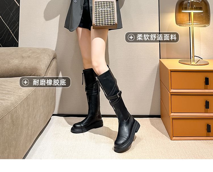 Tall Buckled Zip-Up Leather Plain Platform Faux Boots