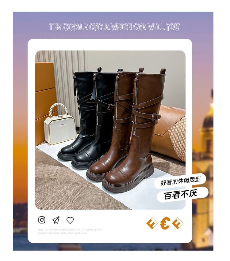 Tall Buckled Zip-Up Leather Plain Platform Faux Boots