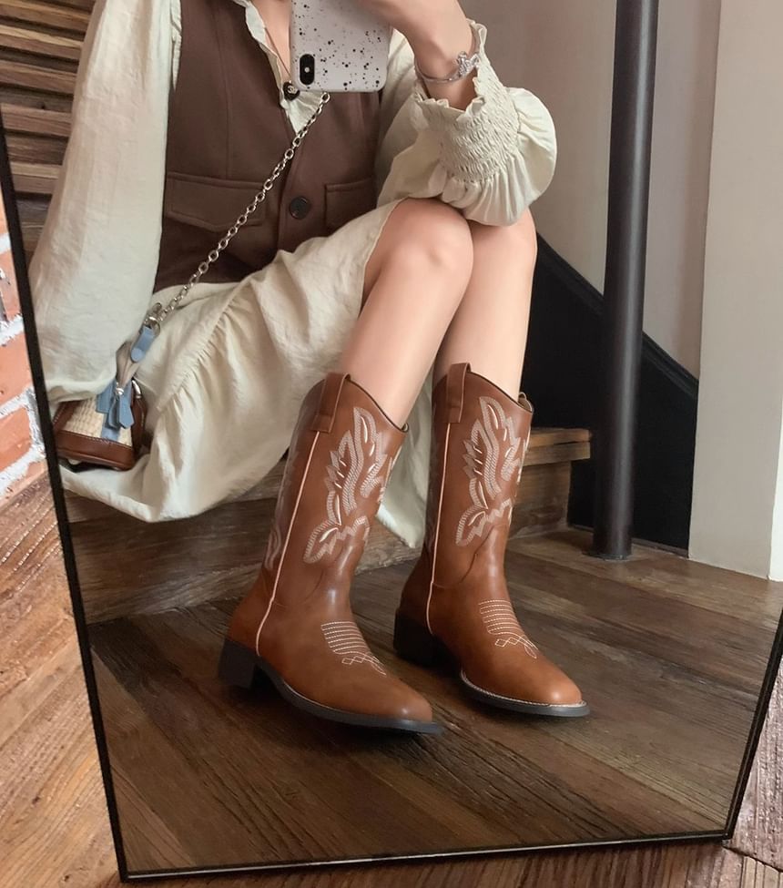 Mid-Calf Heel Faux Chunky Leather Cowboy Boots Embroidered