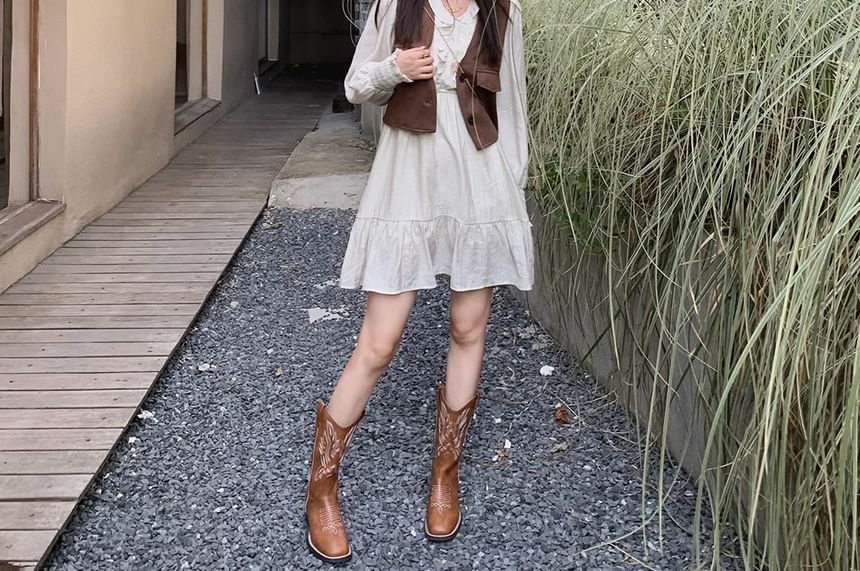 Mid-Calf Heel Faux Chunky Leather Cowboy Boots Embroidered