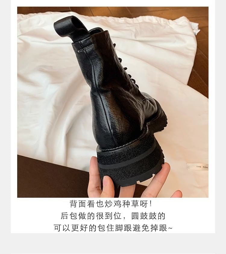 Platform Short Leather Genuine Boots Lace-Up Plain