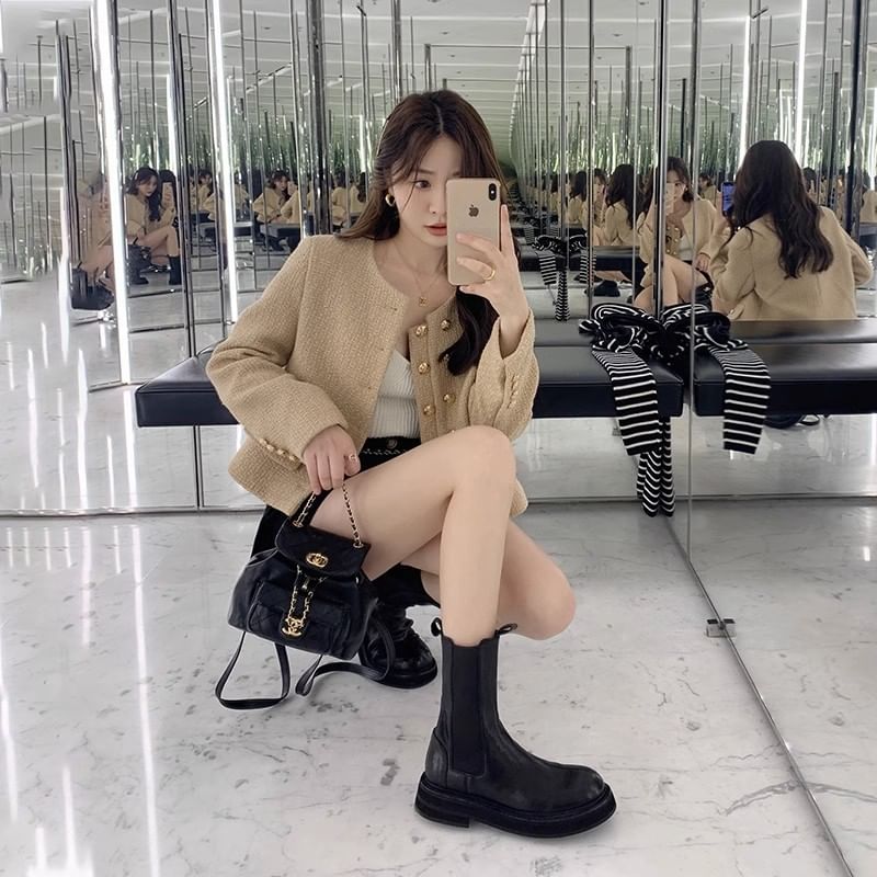 Platform Short Plain Boots Genuine Leather Chelsea