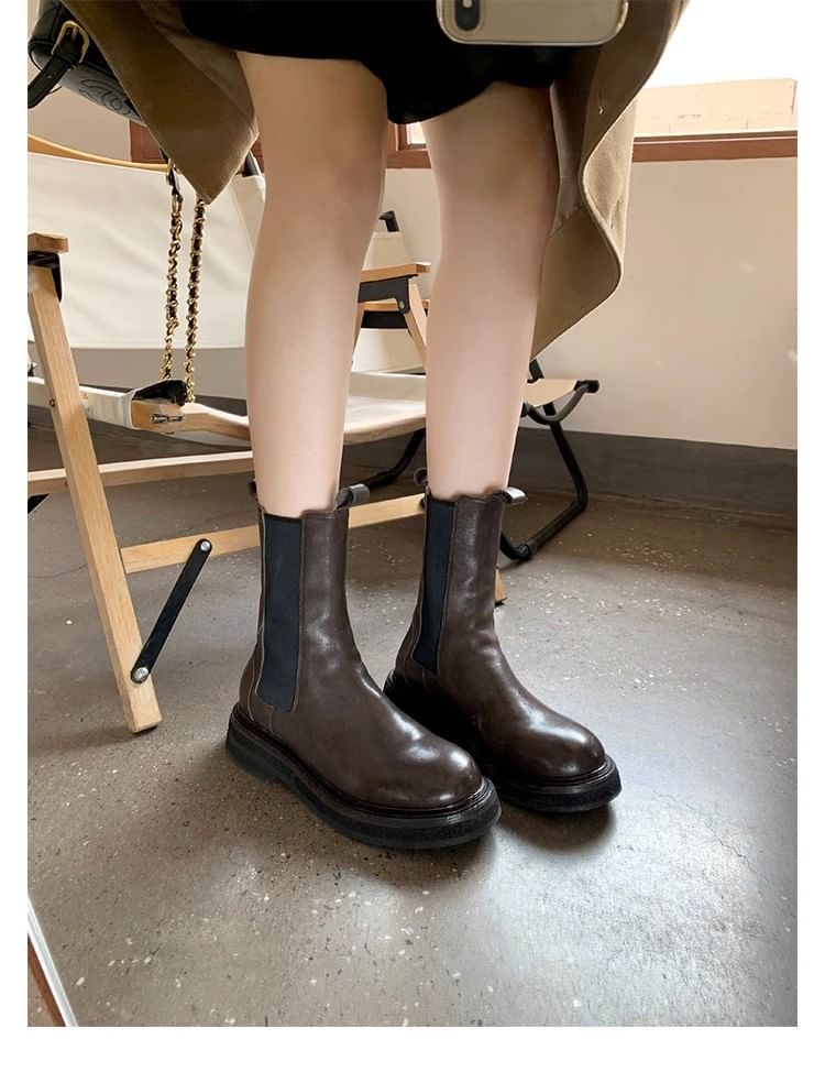 Platform Short Plain Boots Genuine Leather Chelsea