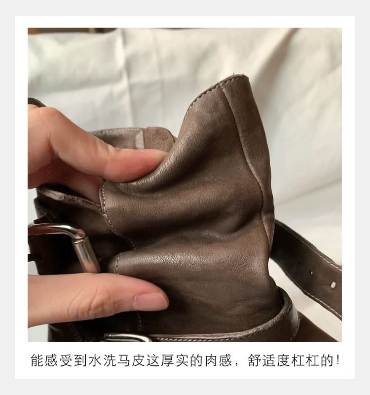 Platform Short Buckled Leather Genuine Boots Plain