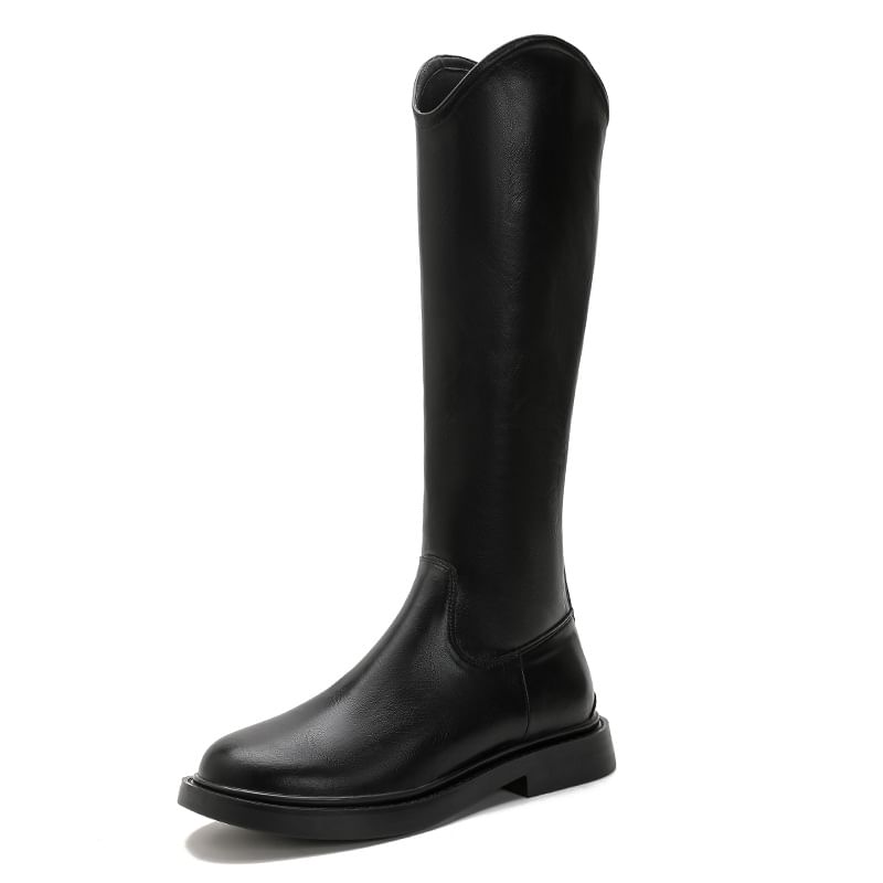 Platform Leather Faux Plain Boots Tall Zip-Up
