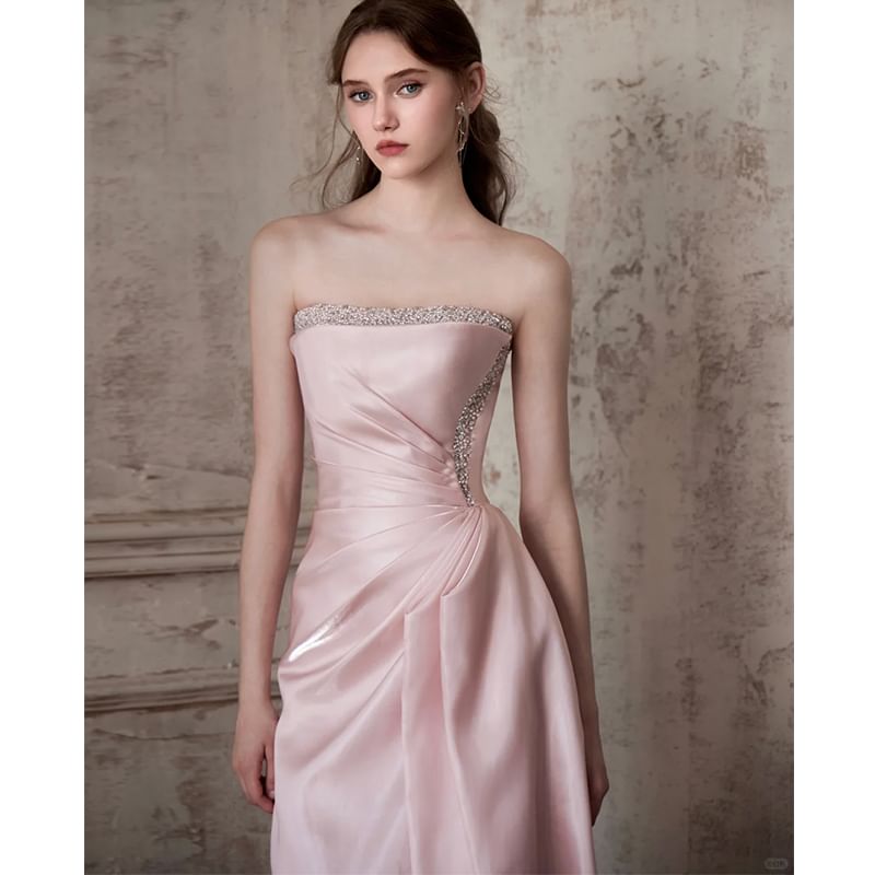 Evening Strapless Gown Plain Ruched A-Line