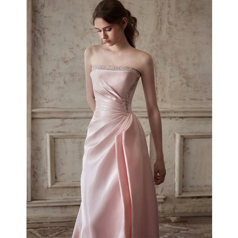 Evening Strapless Gown Plain Ruched A-Line