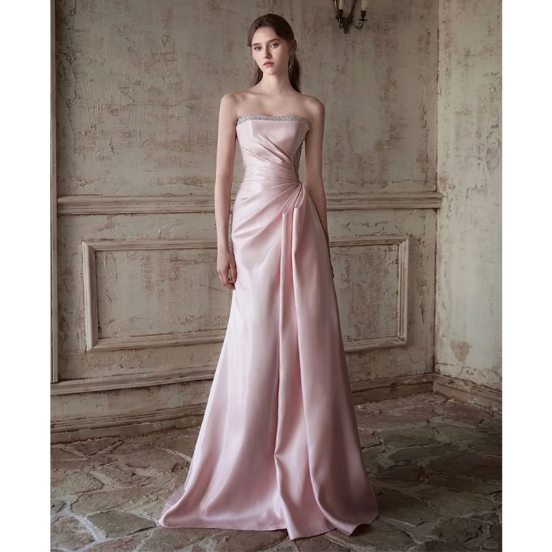 Evening Strapless Gown Plain Ruched A-Line