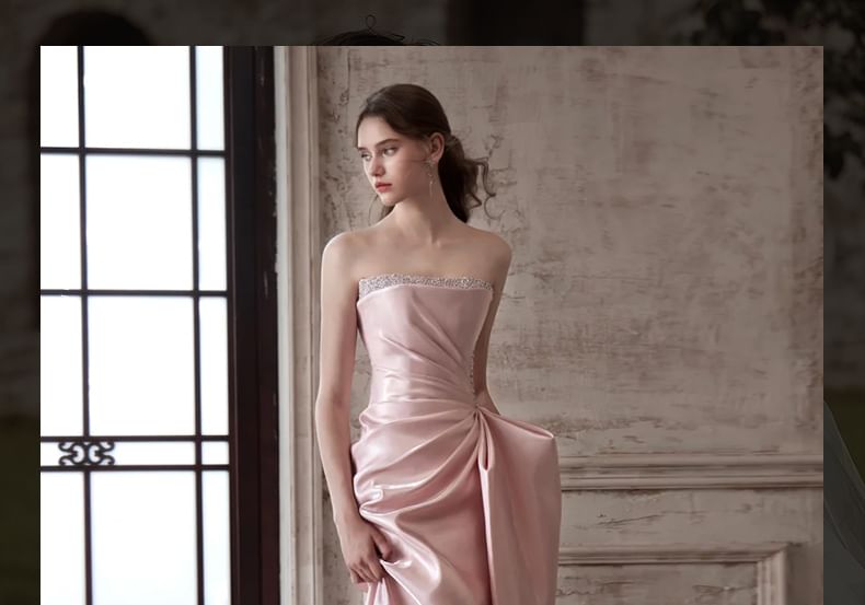 Evening Strapless Gown Plain Ruched A-Line