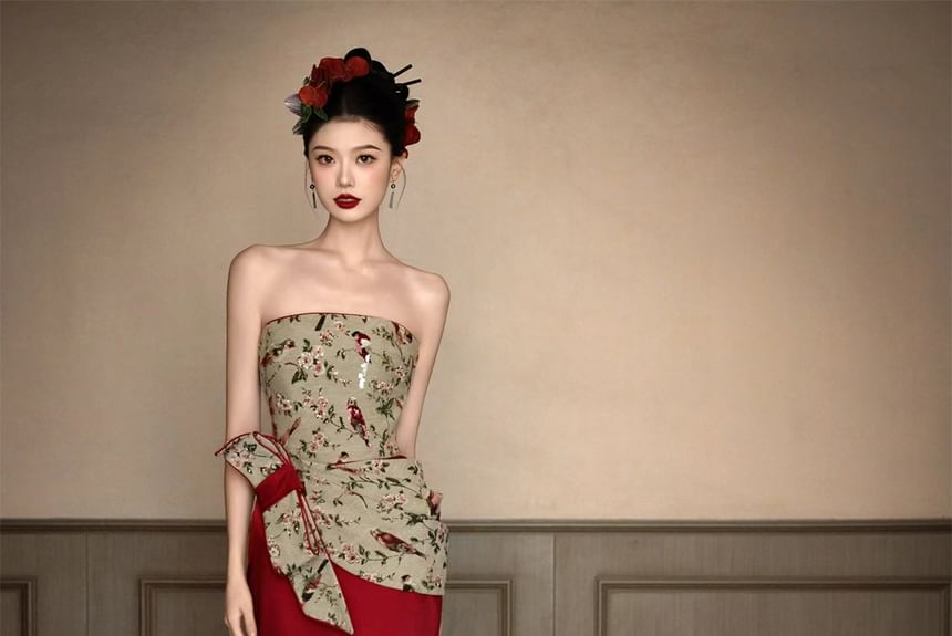 Floral Evening Bow Strapless Sheath Gown