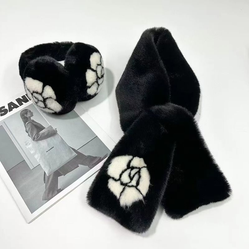 Floral Fluffy Bow Muffs Ear Scarf Print / Set