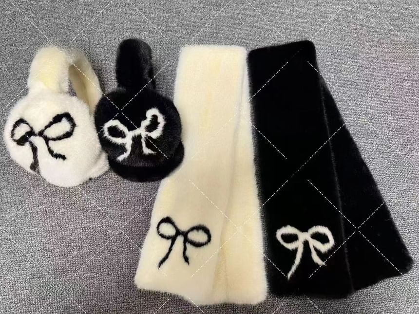 Floral Fluffy Bow Muffs Ear Scarf Print / Set