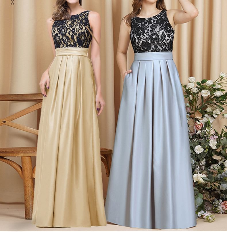 Sleeveless A-Line Back Neck Evening Crew Gown Lace Panel Open Pleated