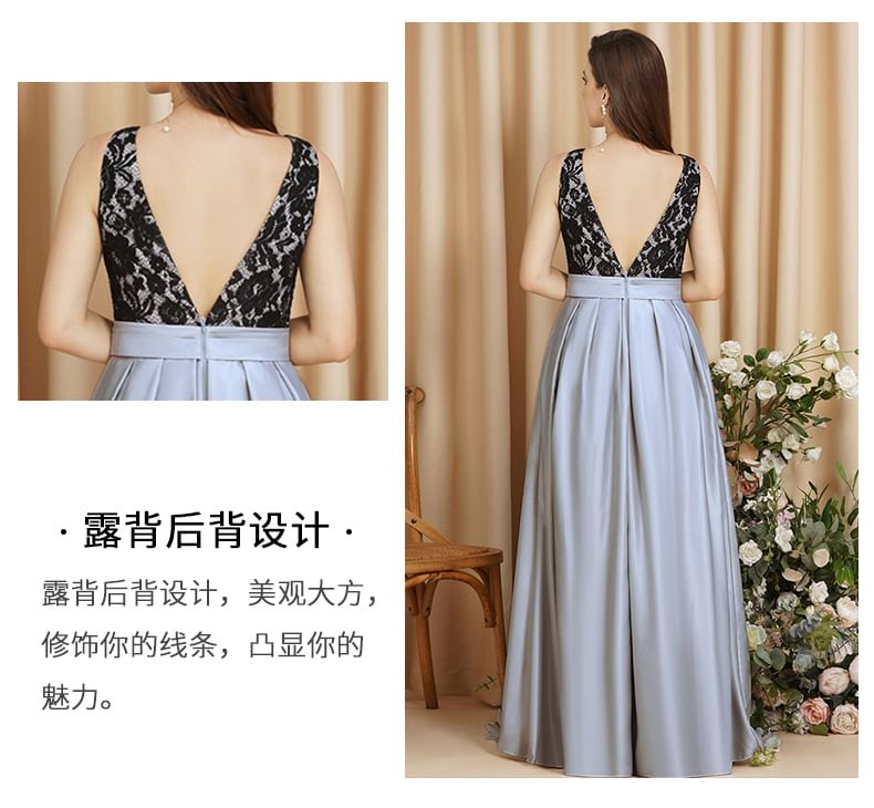 Sleeveless A-Line Back Neck Evening Crew Gown Lace Panel Open Pleated