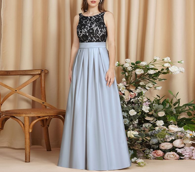 Sleeveless A-Line Back Neck Evening Crew Gown Lace Panel Open Pleated